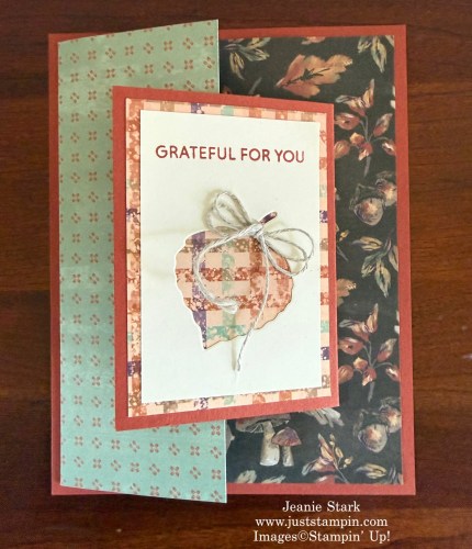 Stampin' Up! Autumn Opulence Designer Series Paper with Soiree Salutations, and Thanks & Giving Stamp Sets fun fold card-Jeanie Stark StampinUp