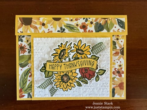 Stampin' Up! fun fold Thanksgiving card with Thanks & Giving, Radiant Sunflowers, and the Lazy Daisy 3D Embossing Folder-Jeanie Stark StampinUp