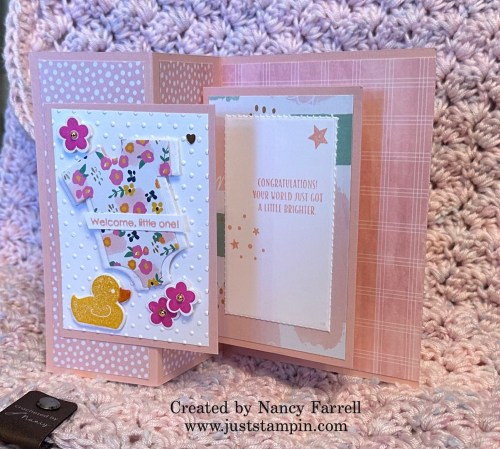 Stampin' Up! Double Decker Pop Out fun fold baby Card idea-visit juststampin.com for mystery stamping fun fold card ideas-Jeanie Stark StampinUp